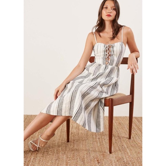 Perfect Linen Reformation Ellen Striped Lace-Up Midi Dress Feminine Flattering - Picture 2 of 6